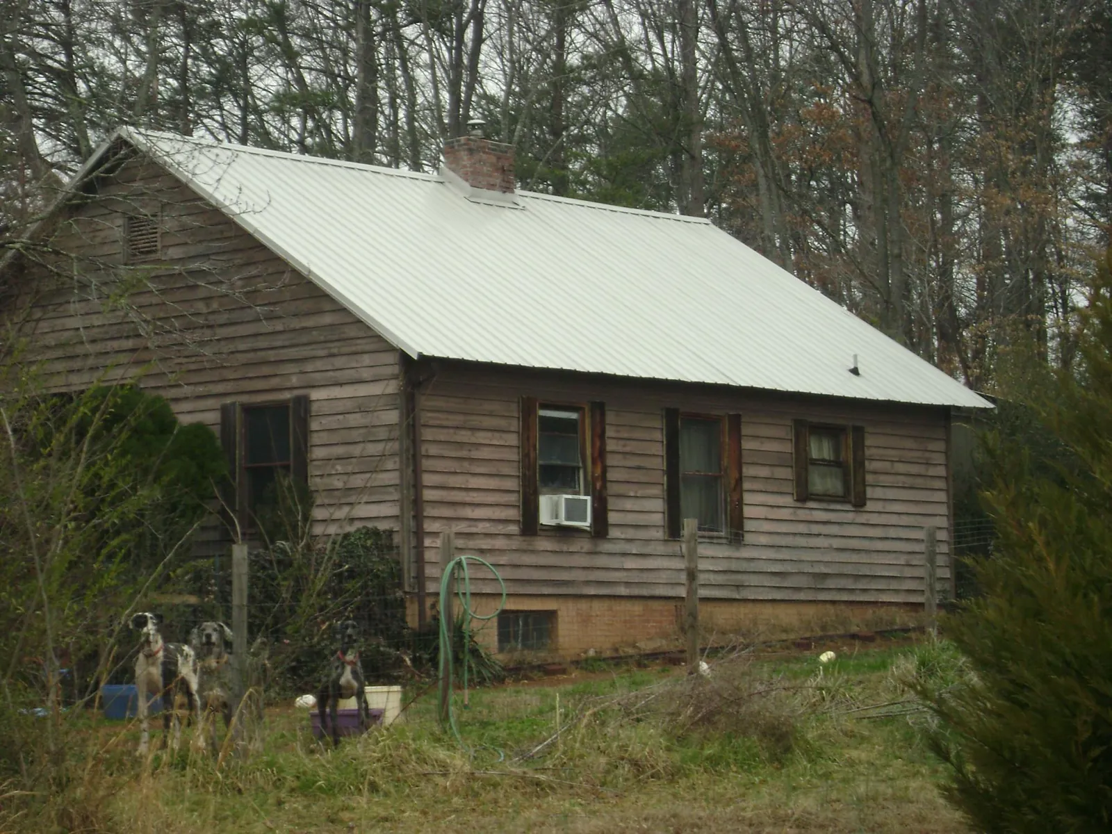 White metal roof on an old wood sided farmhouse, from a Asphalt Shingle Roof Repair job in Yoder